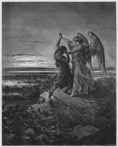 ギュスターヴドールバイブル：エンジェルと格闘するジェイコブ 作： Gustave Dore